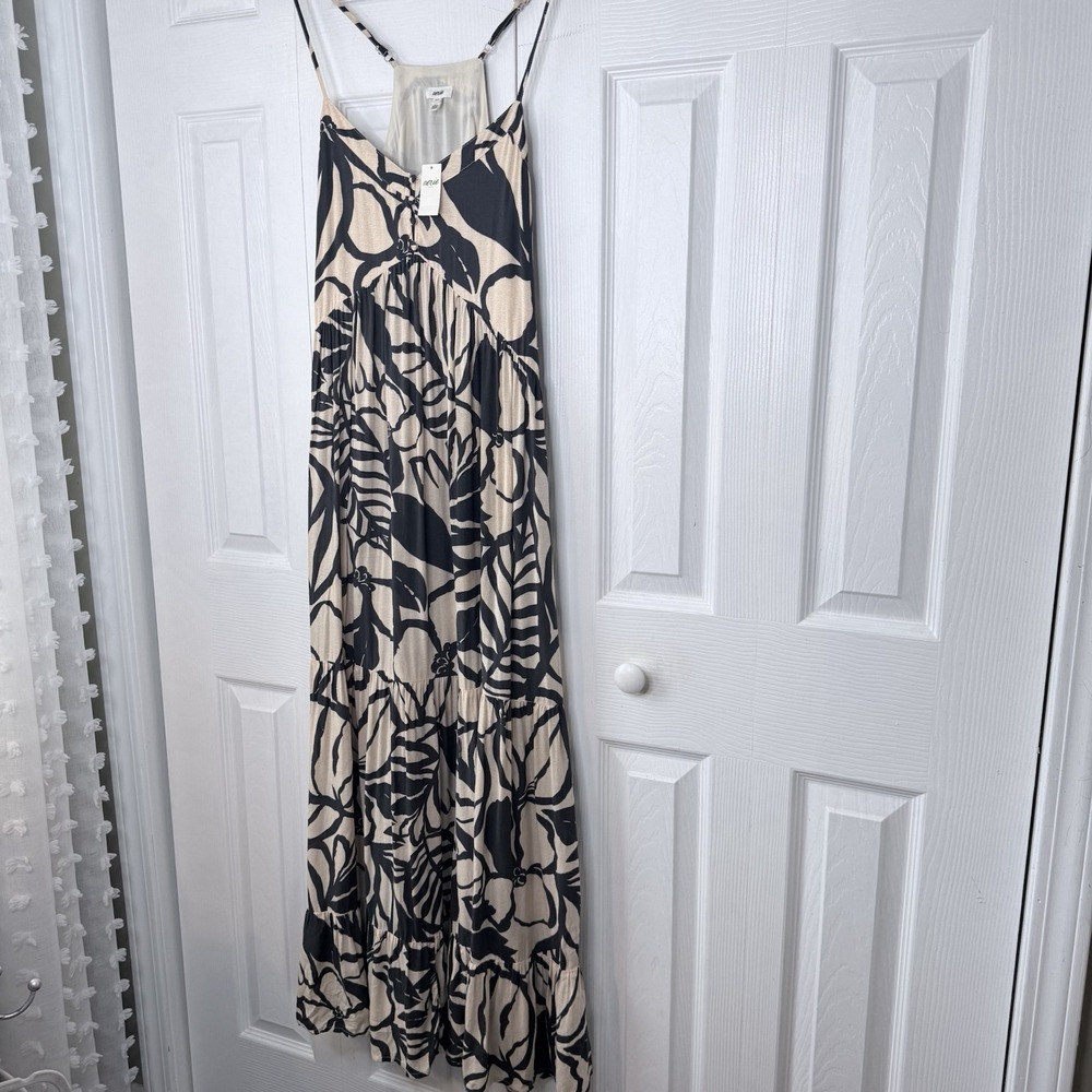 NWT Aerie Printed Maxi Dress S Small Black Cream Tropical Leaf Tiered Boho Flowy